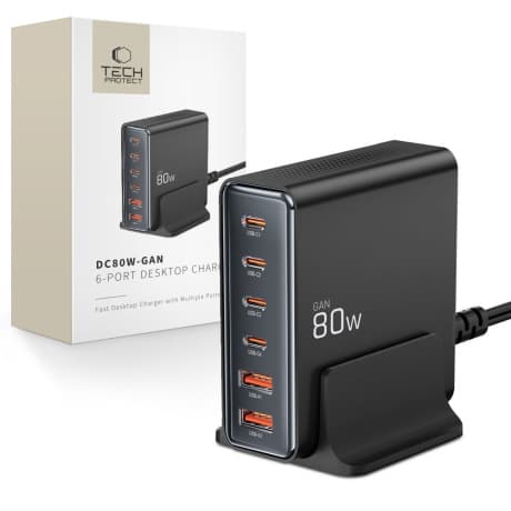 Tech-Protect DC80W 6 Port GaN nabíjačka PD 80W / QC, čierna 1