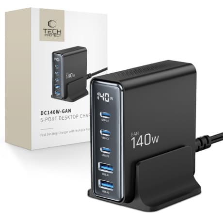 Tech-Protect DC140W 5 Port GaN nabíjačka 2x USB / 3x USB-C 140W PD QC, čierna 1