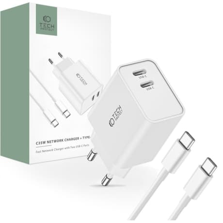 Tech-Protect C35W sieťová nabíjačka 2x USB-C 35W + kábel USB-C, biela 1