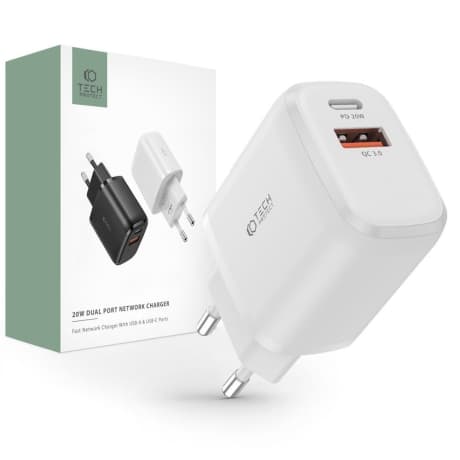 Tech-Protect Dual Port sieťová nabíjačka USB / USB-C 20W PD QC, biela 1