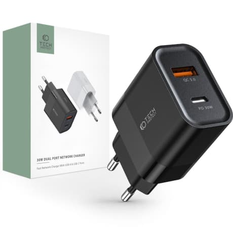 Tech-Protect C30W sieťová nabíjačka USB / USB-C 30W PD QC, čierna 1