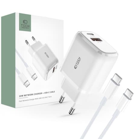 Tech-Protect C20W sieťová nabíjačka USB / USB-C 20W QC PD + kábel USB-C, biela 1