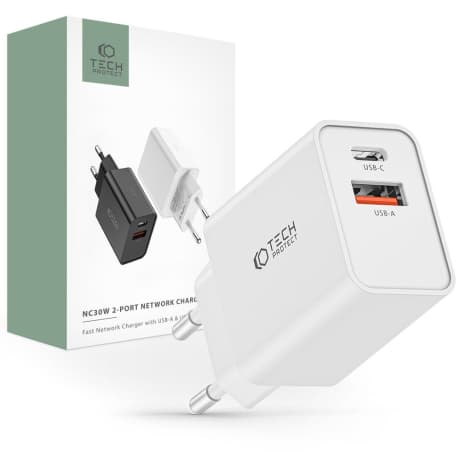Tech-Protect 2-port sieťová nabíjačka USB / USB-C 30W QC, biela 1