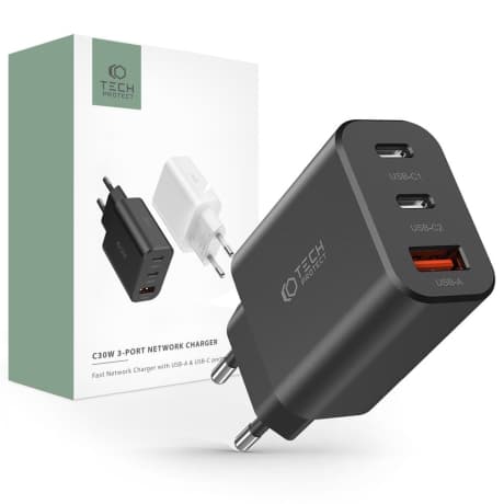 Tech-Protect 3-port sieťová nabíjačka USB / 2x USB-C 30W PD QC, čierna 1