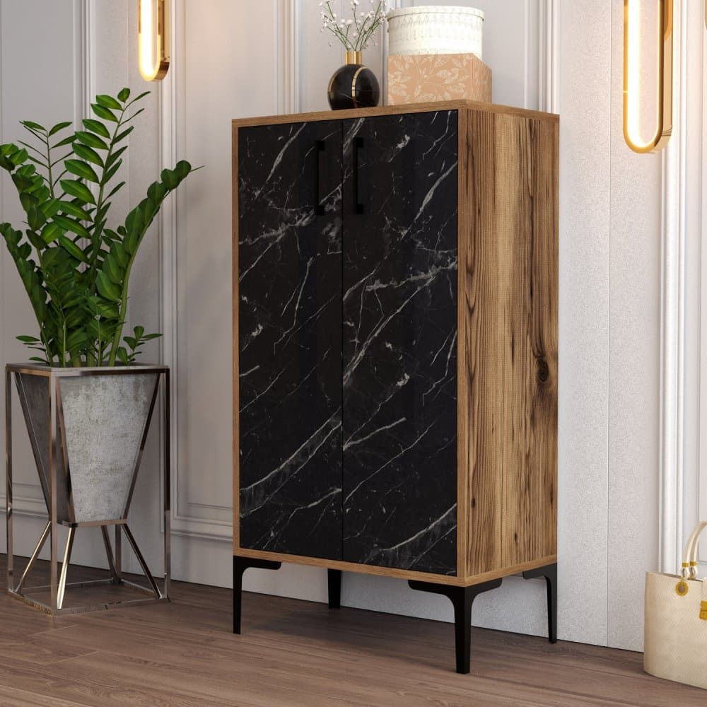 Skrinka na topánky / Botník Prag - Walnut, Black Marble