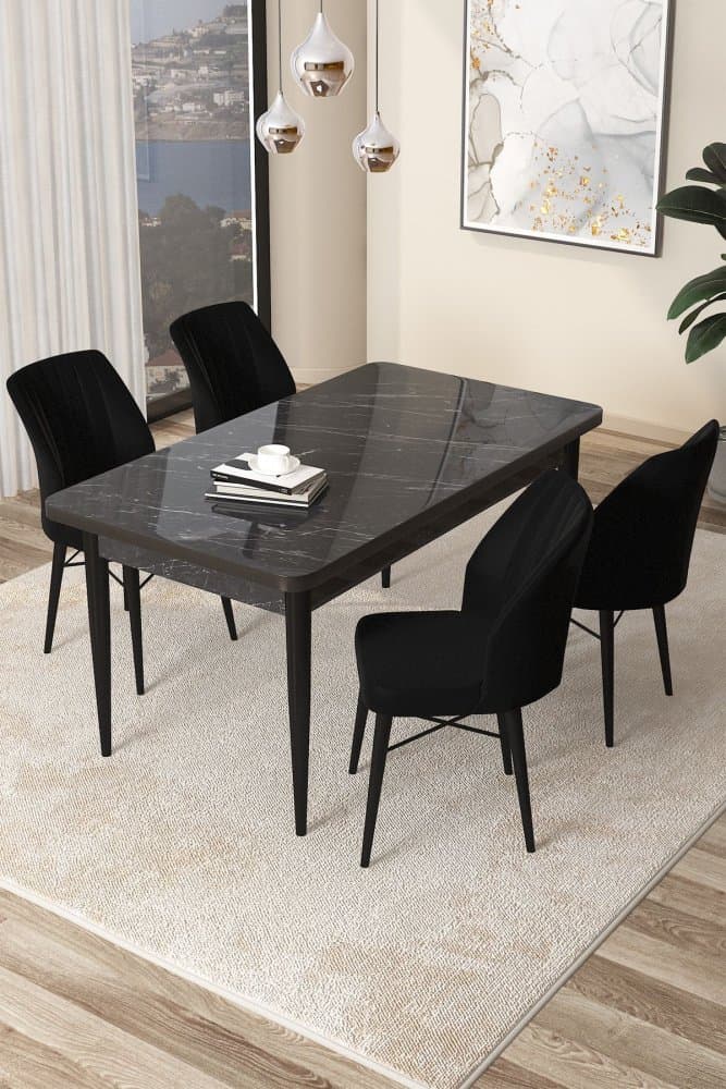 Dining Table & Chairs Set (5 Pieces) Arp - Black Marble, Black 1