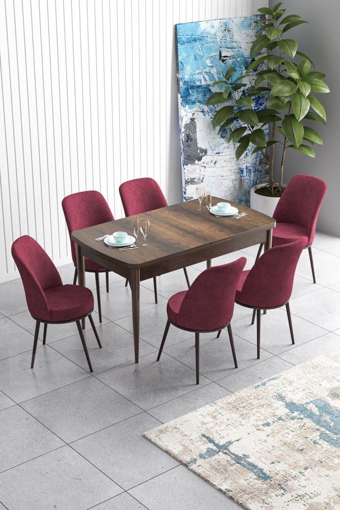 Extendable Dining Table & Chairs Set (7 Pieces) Han - Baroque, Burgundy 1