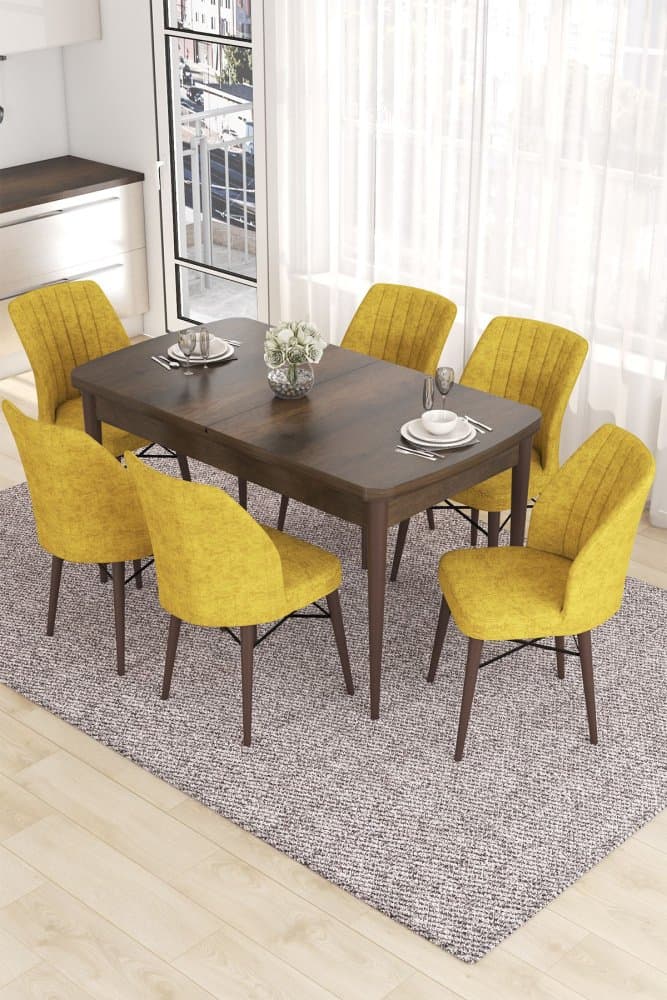 Extendable Dining Table & Chairs Set (7 Pieces) Eva - Baroque, Mustard 1