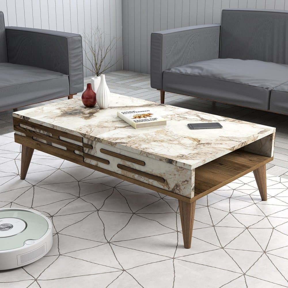 Konferenčný stolík Valensiya - Walnut, White, Marble