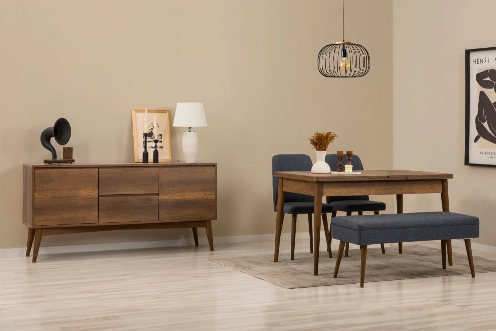 Set s rozkladacím stolom, stoličkami a konzolou (5 kusov) Vina 02 1048 - Walnut, Dark Blue 1