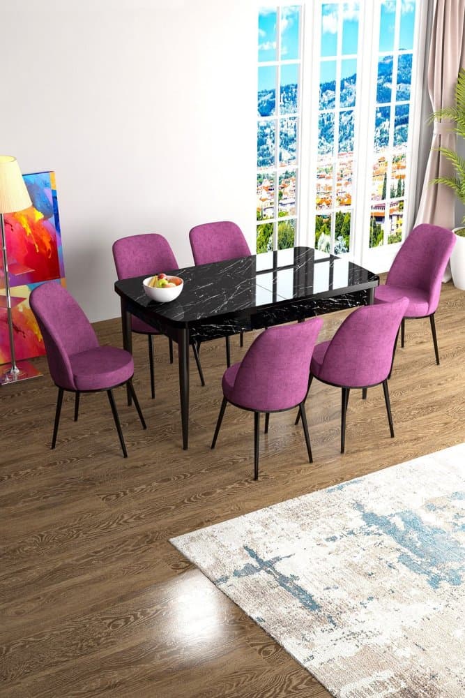 Extendable Dining Table & Chairs Set (7 Pieces) Han - Black Marble, Purple 1