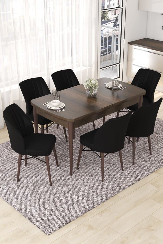 Extendable Dining Table & Chairs Set (7 Pieces) Nef - Baroque, Black 1