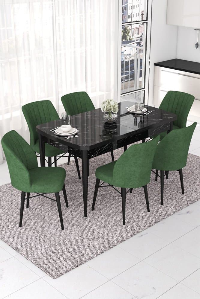 Extendable Dining Table & Chairs Set (7 Pieces) Nef - Black Marble, Khaki 1