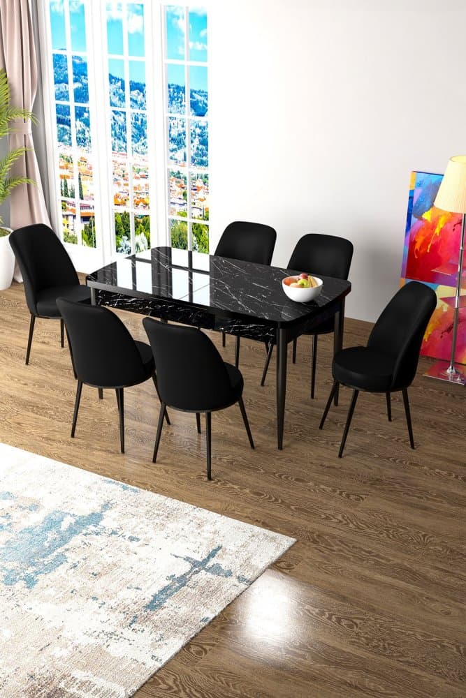 Extendable Dining Table & Chairs Set (7 Pieces) Zen - Black Marble, Black 1