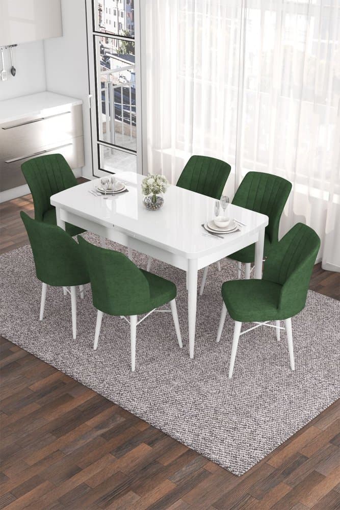 Extendable Dining Table & Chairs Set (7 Pieces) Eva - White, Khaki 1