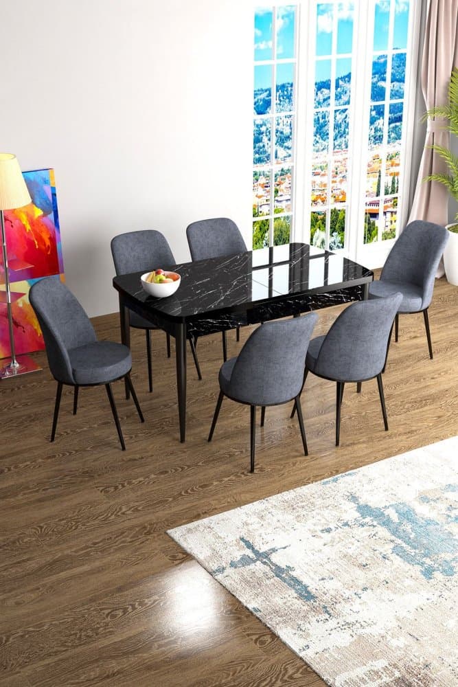 Extendable Dining Table & Chairs Set (7 Pieces) Han - Black Marble, Fume 1