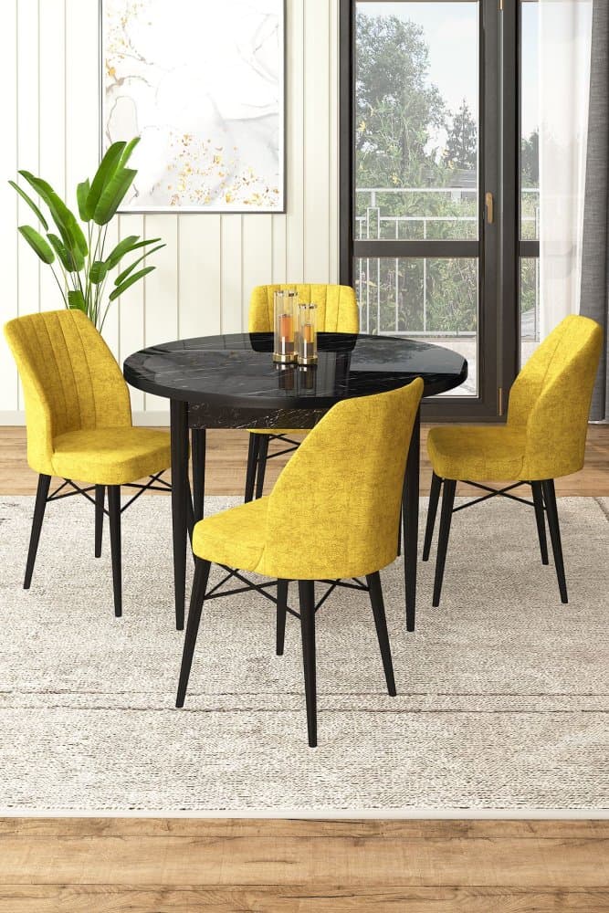Dining Table & Chairs Set (5 Pieces) Rox - Black Marble, Mustard 1