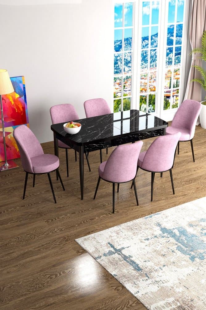 Extendable Dining Table & Chairs Set (7 Pieces) Han - Black Marble, Pink 1