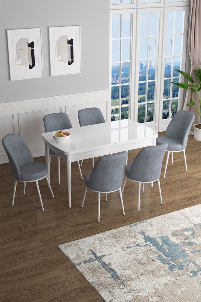 Extendable Dining Table & Chairs Set (7 Pieces) Han - White, Grey 1