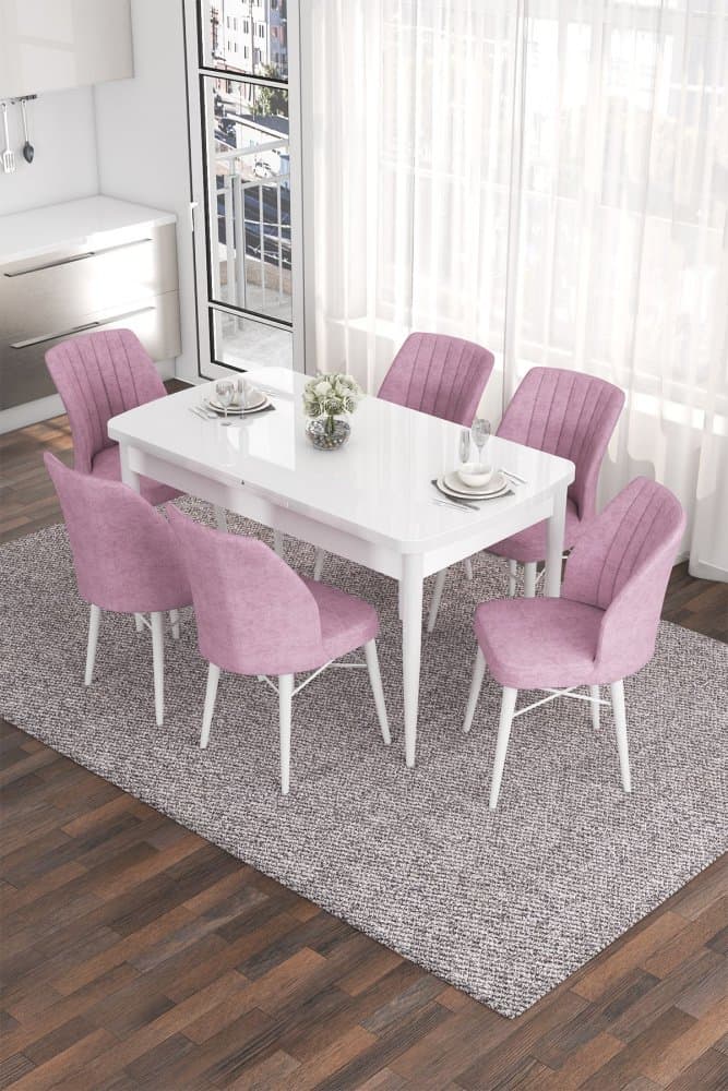 Extendable Dining Table & Chairs Set (7 Pieces) Eva - White, Pink 1