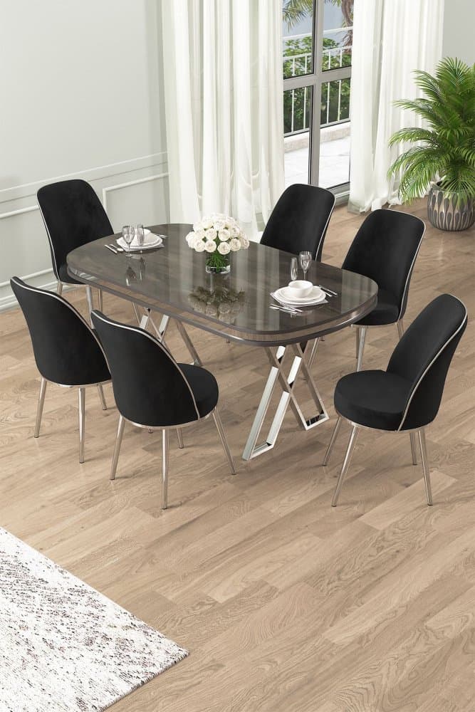 Dining Table & Chairs Set (7 Pieces) Lai - Anthracite, Chrome, Black 1