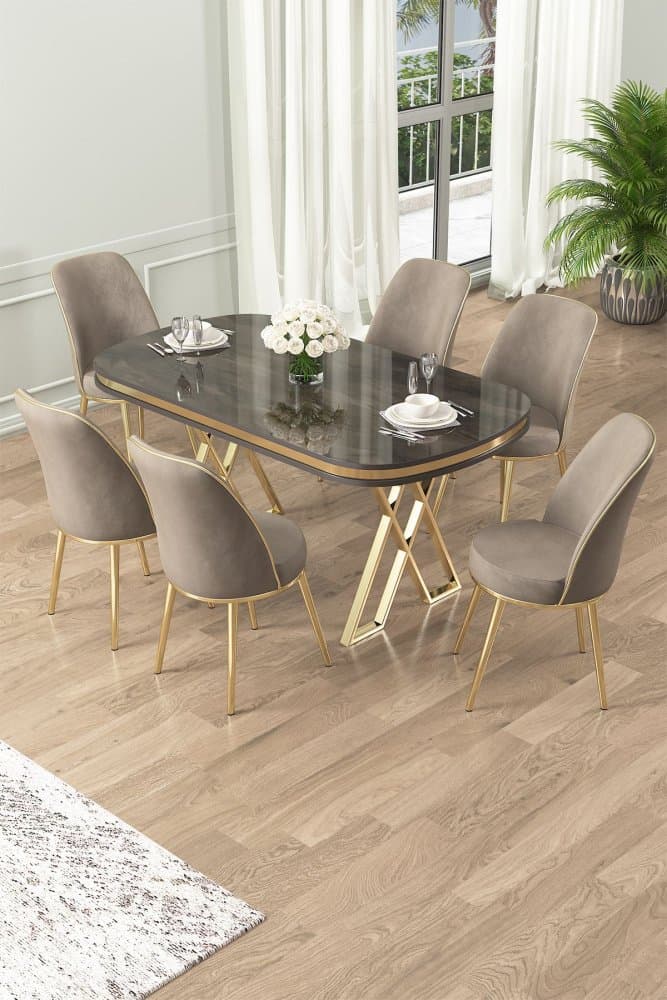 Dining Table & Chairs Set (7 Pieces) Lai - Anthracite, Gold, Cappuccino 1