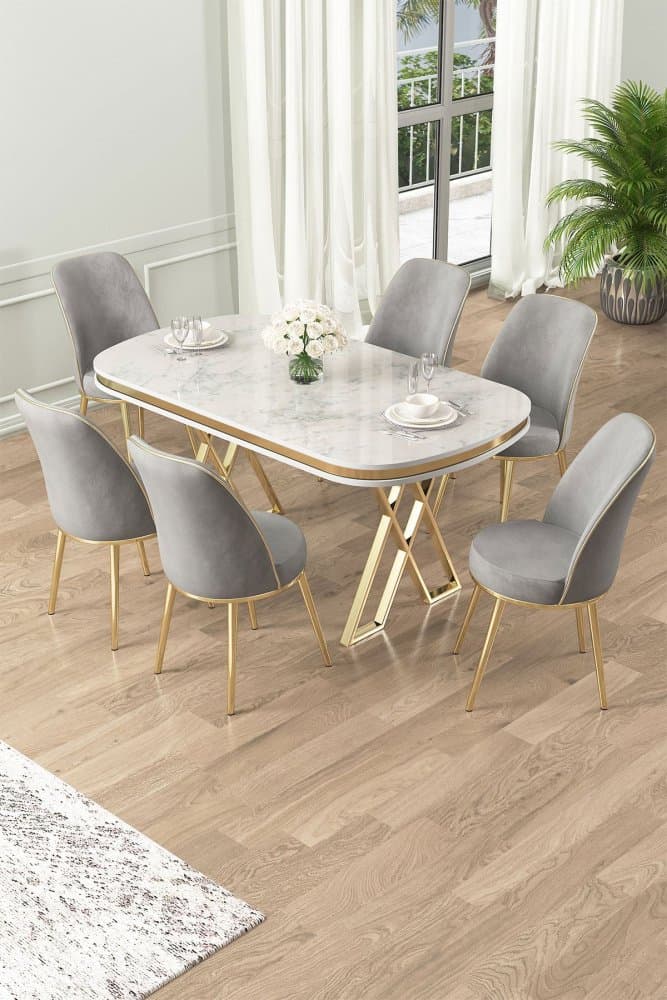 Dining Table & Chairs Set (7 Pieces) Lai - White, Gold, Grey 1