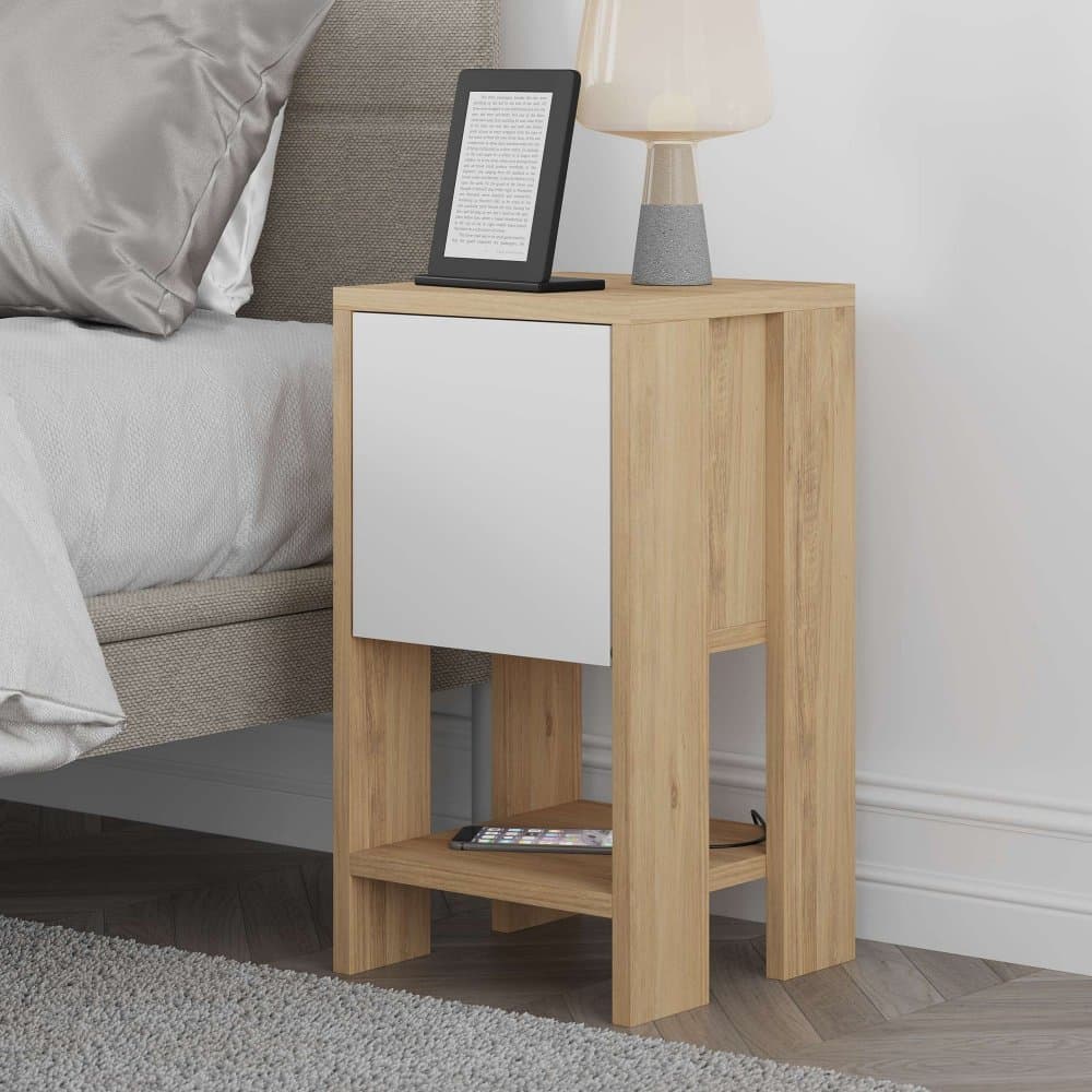 Nočný stolík Ema - Sapphire Oak, White