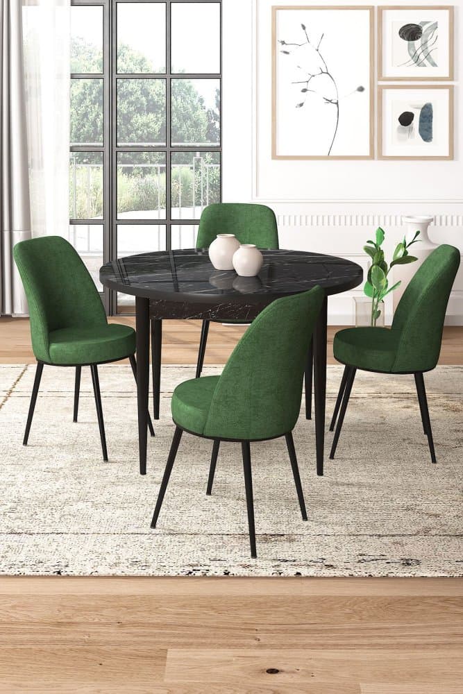 Dining Table & Chairs Set (5 Pieces) Tor - Black Marble, Khaki 1
