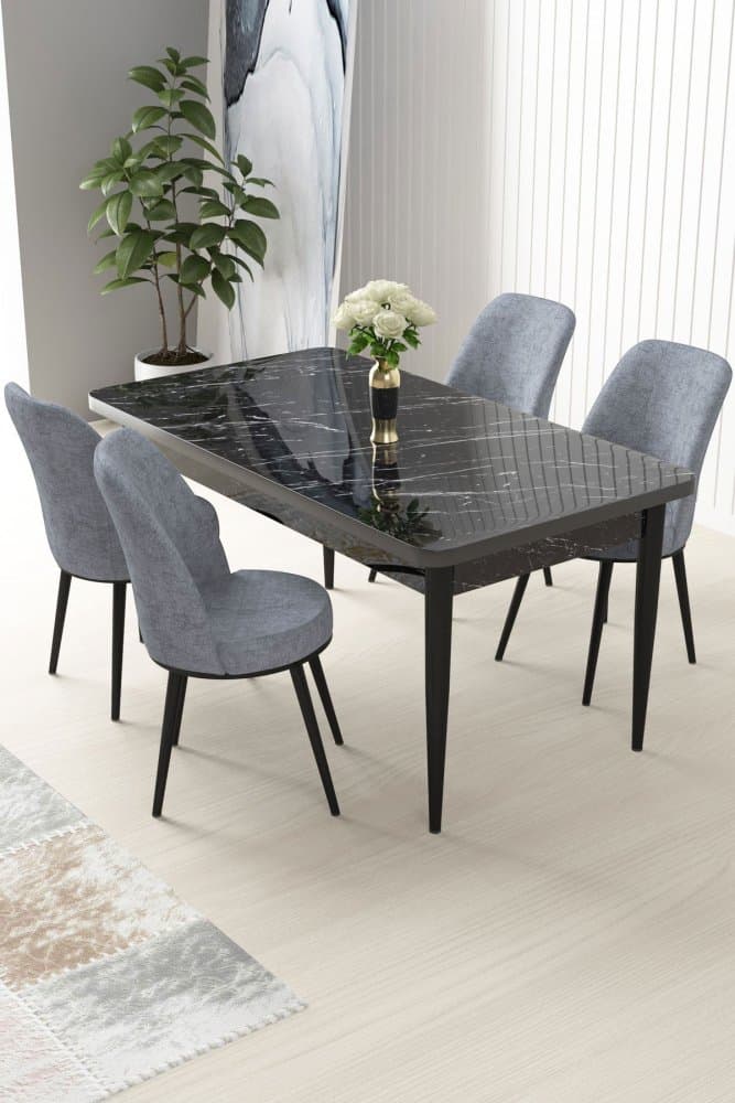Dining Table & Chairs Set (5 Pieces) Nil - Black Marble, Grey 1
