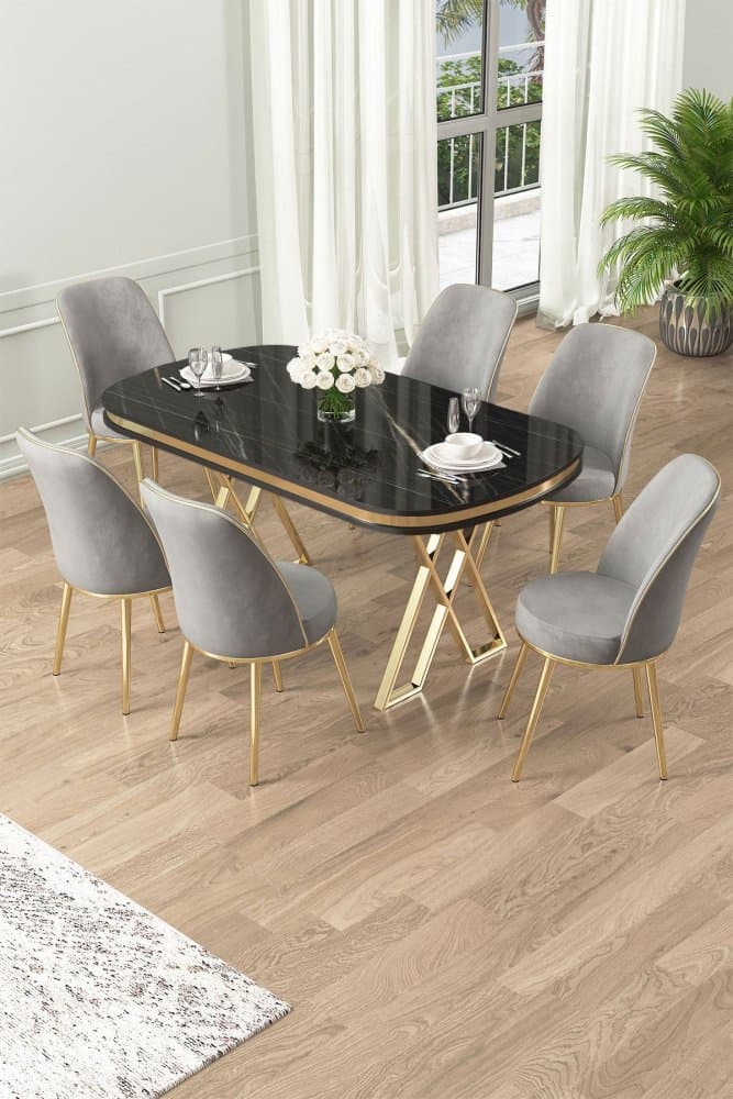 Dining Table & Chairs Set (7 Pieces) Lai - Black Marble, Gold, Grey 1