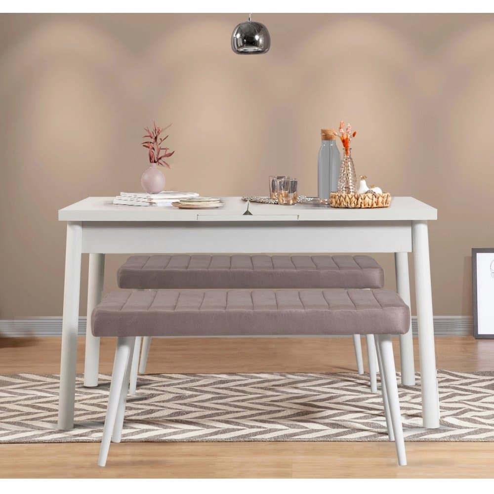 Jedálenský set s rozkladacím stolom a lavicou (3 kusy) Santiago 0701 - White, Soho Grey