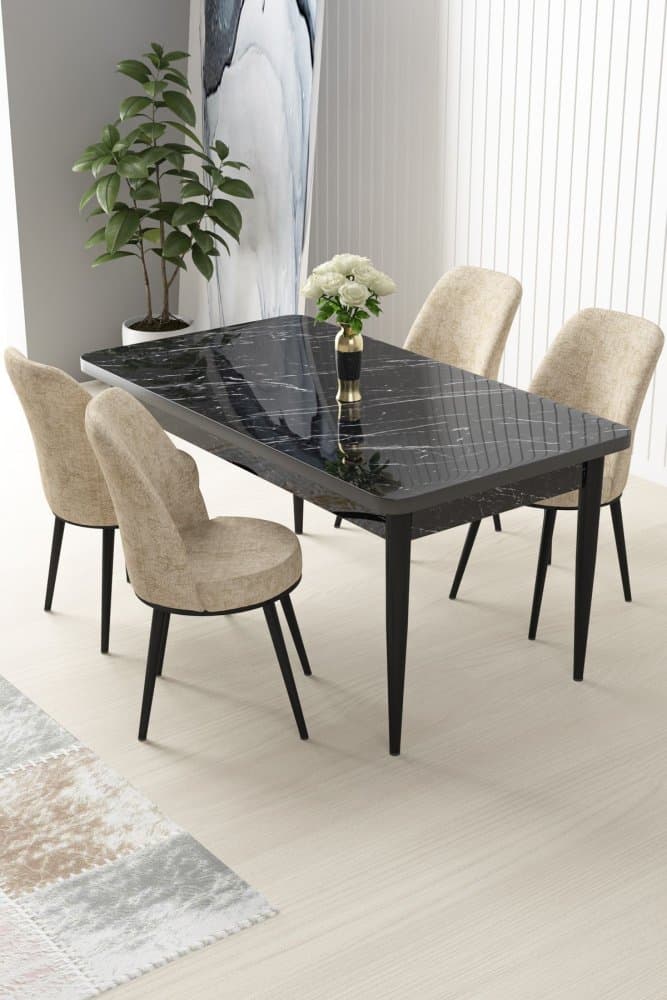 Dining Table & Chairs Set (5 Pieces) Nil - Black Marble, Cream 1