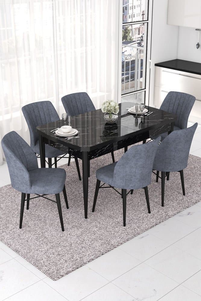 Extendable Dining Table & Chairs Set (7 Pieces) Nef - Black Marble, Fume 1