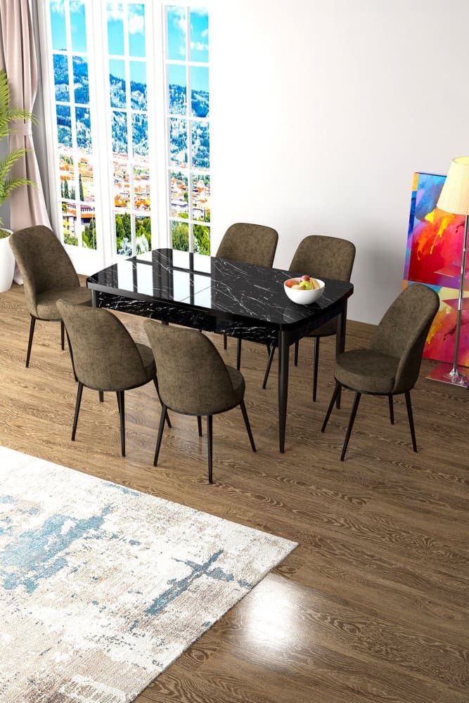 Extendable Dining Table & Chairs Set (7 Pieces) Zen - Black Marble, Brown 1
