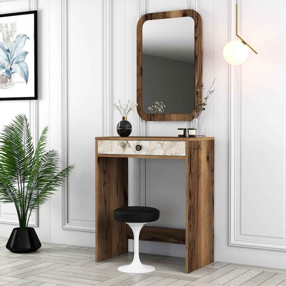 Toaletný stolík Lizbon Mirror - Walnut, White, Marble
