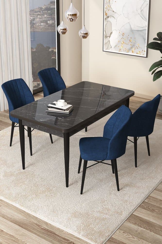 Dining Table & Chairs Set (5 Pieces) Arp - Black Marble, Navy Blue 1