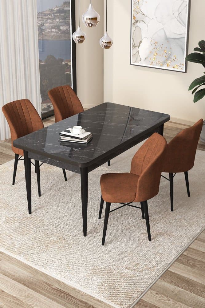 Dining Table & Chairs Set (5 Pieces) Arp - Black Marble, Tile Red 1