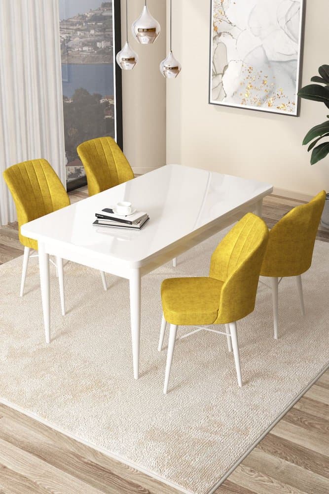 Dining Table & Chairs Set (5 Pieces) Arp - White, Mustard 1