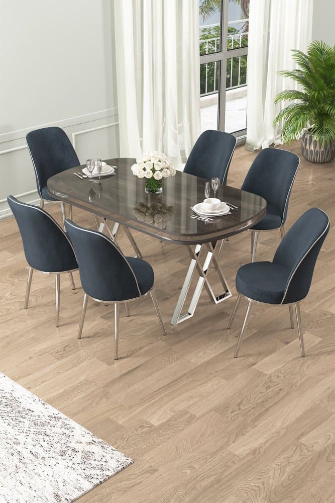 Dining Table & Chairs Set (7 Pieces) Lai - Anthracite, Chrome 1
