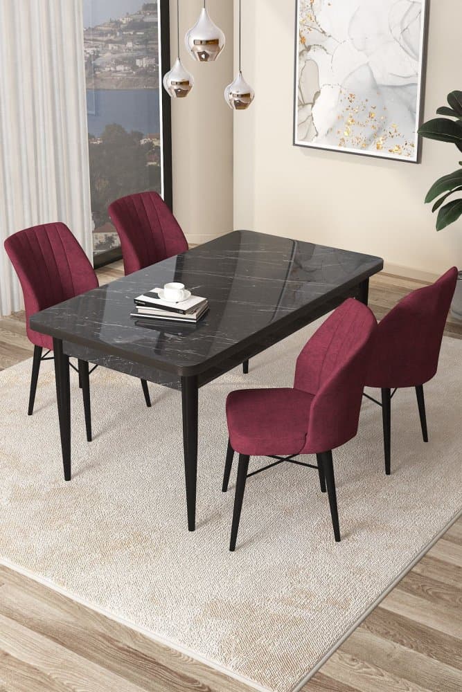 Dining Table & Chairs Set (5 Pieces) Arp - Black Marble, Burgundy 1