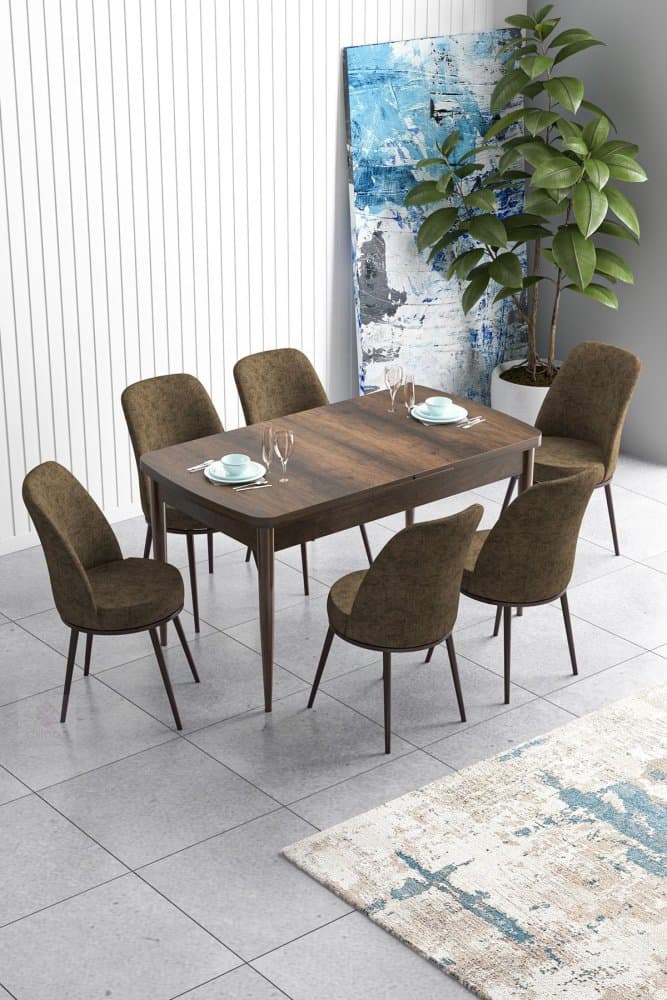 Extendable Dining Table & Chairs Set (7 Pieces) Han - Baroque, Brown 1