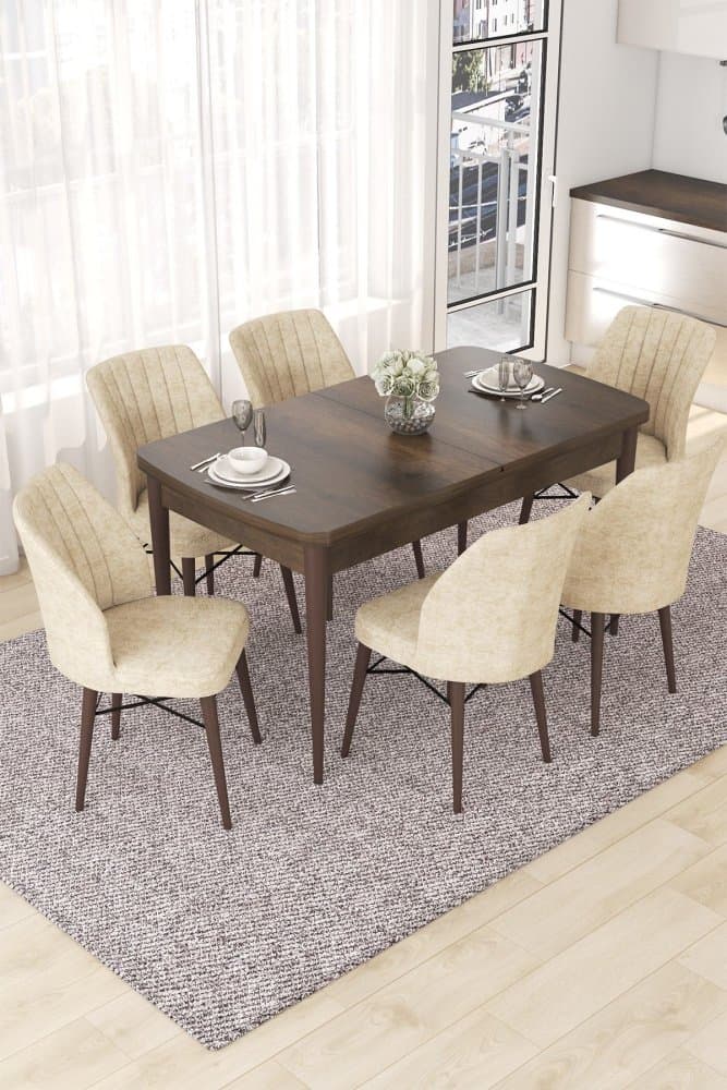 Extendable Dining Table & Chairs Set (7 Pieces) Nef - Baroque, Cream 1