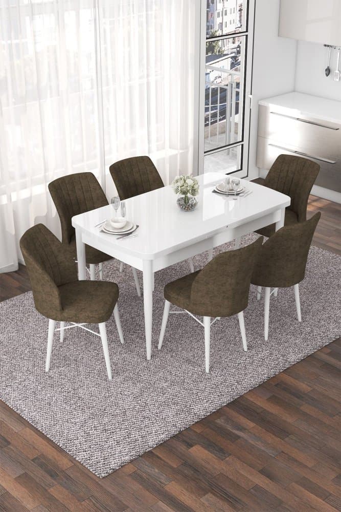 Extendable Dining Table & Chairs Set (7 Pieces) Nef - White, Brown 1