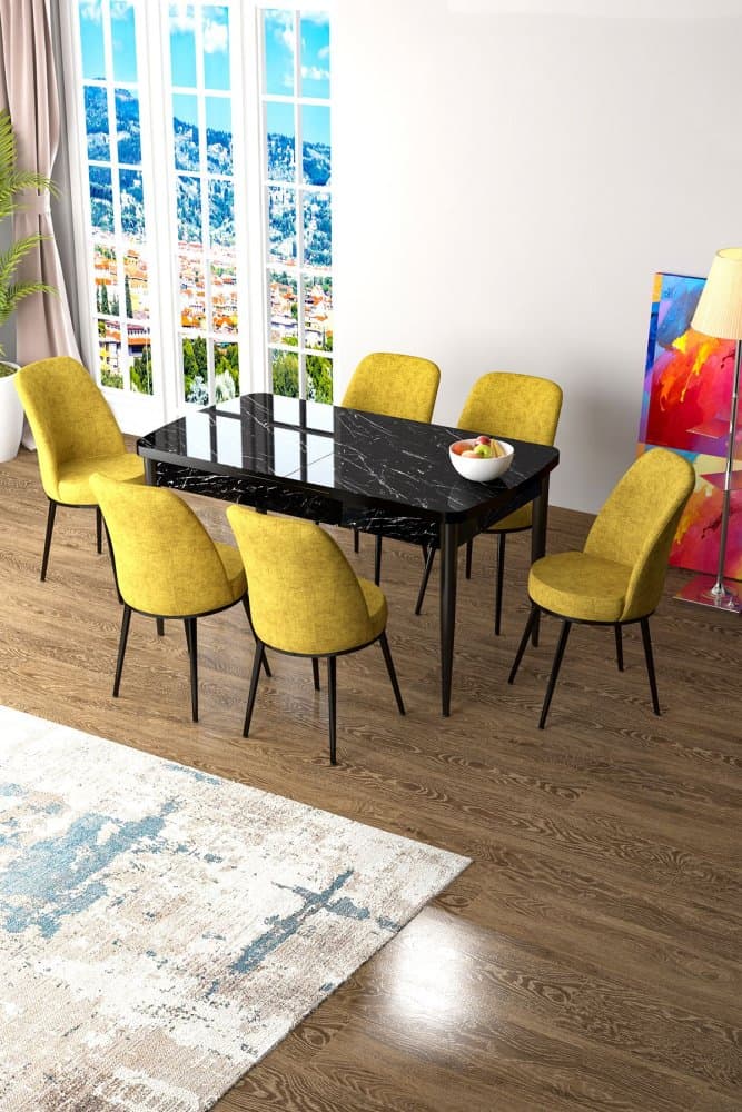 Extendable Dining Table & Chairs Set (7 Pieces) Zen - Black Marble, Mustard 1