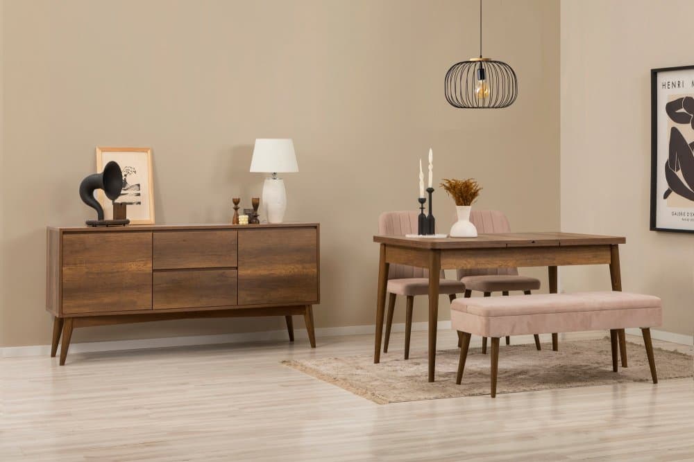 Set s rozkladacím stolom, stoličkami a konzolou (5 kusov) Vina 02 0900 - Walnut, Stone