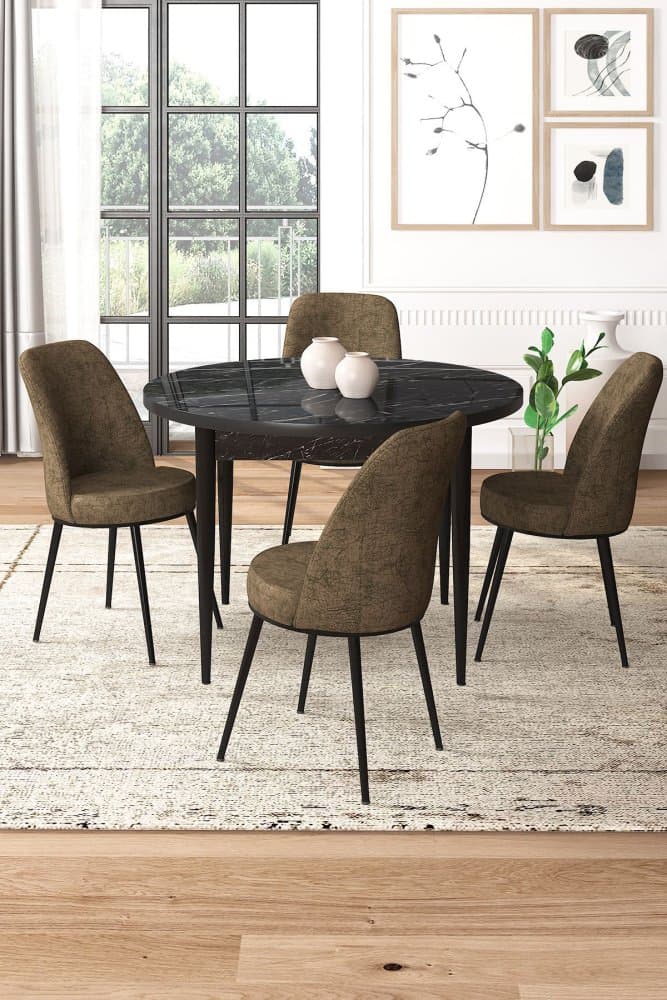 Dining Table & Chairs Set (5 Pieces) Tor - Black Marble, Brown 1