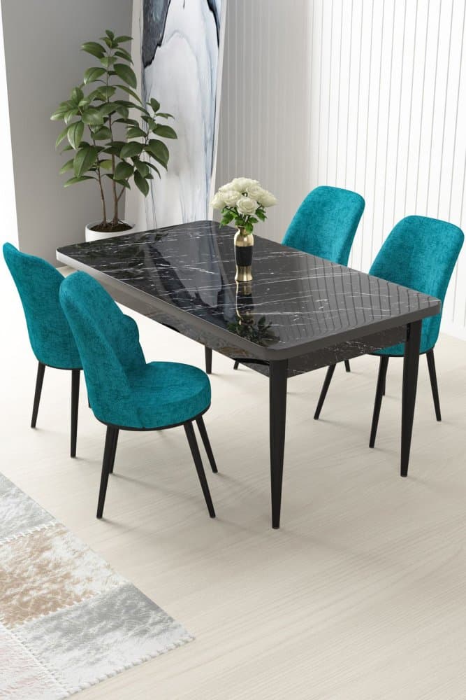 Dining Table & Chairs Set (5 Pieces) Nil - Black Marble, Turquoise 1
