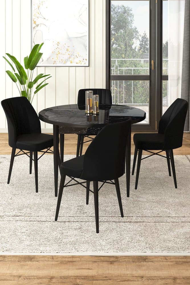 Dining Table & Chairs Set (5 Pieces) Rox - Black Marble, Black 1