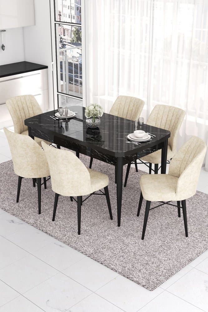 Extendable Dining Table & Chairs Set (7 Pieces) Eva - Black Marble, Cream 1